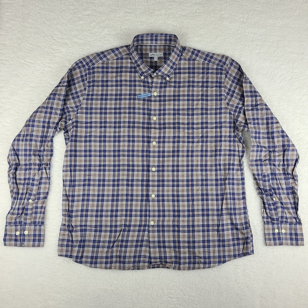 Peter Millar Flannel Shirt Mens XL Blue Brown Gray Plaid Dress Button Down